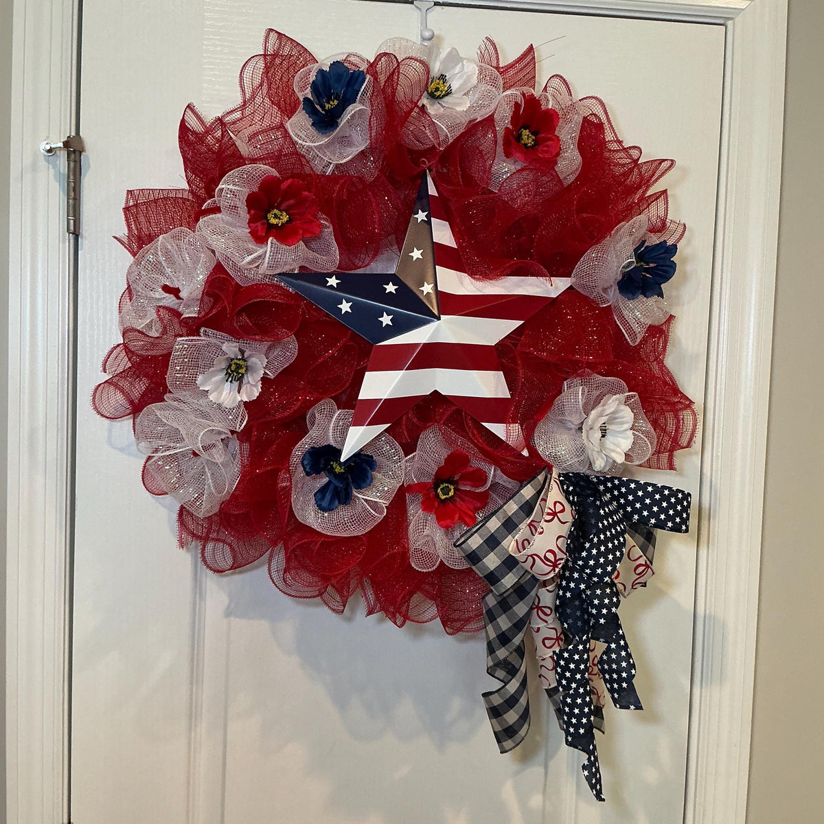 Red White Blue Star Wreath, Fourth of July Front Door Decor, American Flag Deco Wreath, Patriotic Star Sign, Handmade NC