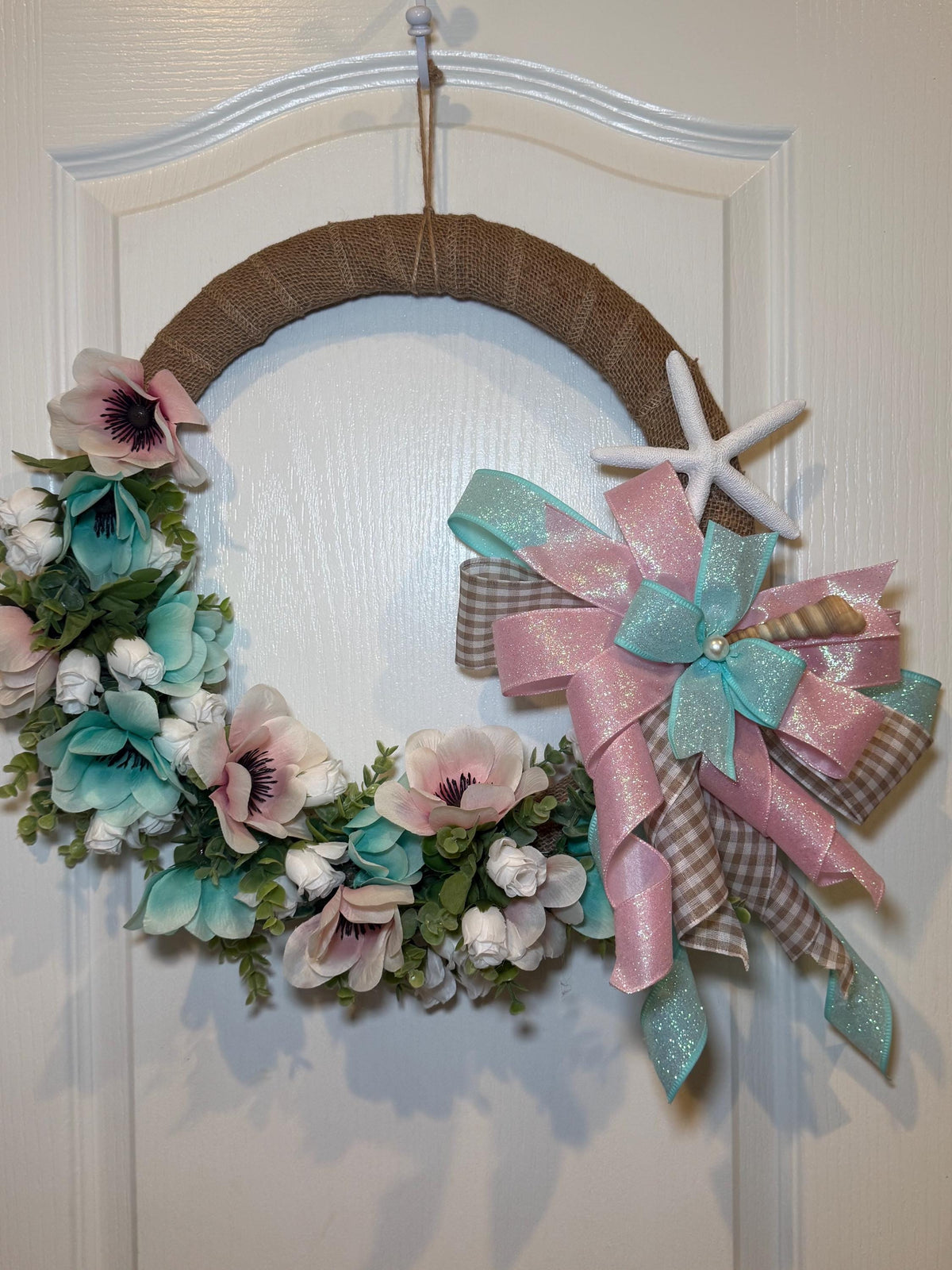 Blush Pink Aqua Coastal Wreath, Burlap Beach House Starfish, Spring Summer Front Door Wreath