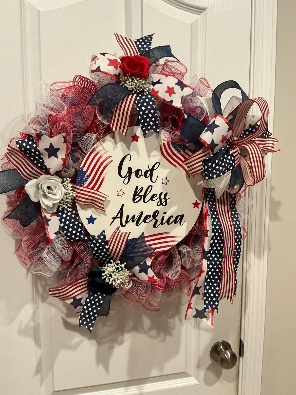 18 Inch Red White Blue Rose Wreath with God Bless America Sign, Americana Front Door Decor