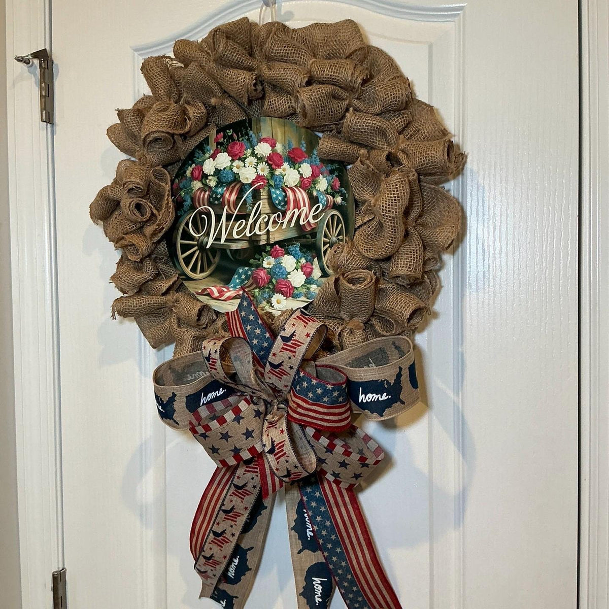 Wagon Wheel Welcome Sign Wreath, Burlap Patriotic Front Door Decor, Red White Blue Floral Rustic Fourth of July