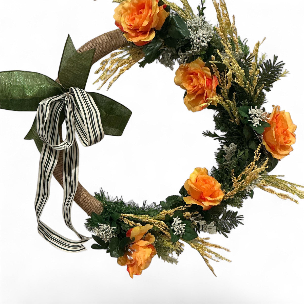 Farmhouse Spring Wreath, Orange Floral, Wheat Accent, Black White Bow