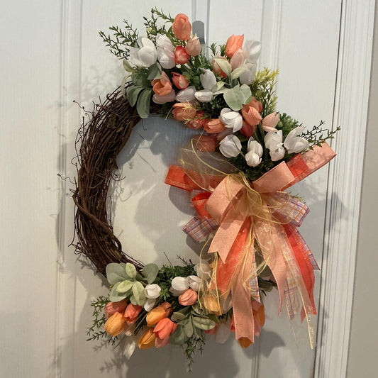 Grapevine Tulip Wreath, Peach Coral Spring Decor, Farmhouse Front Door Accent, Gold Ribbon Bow