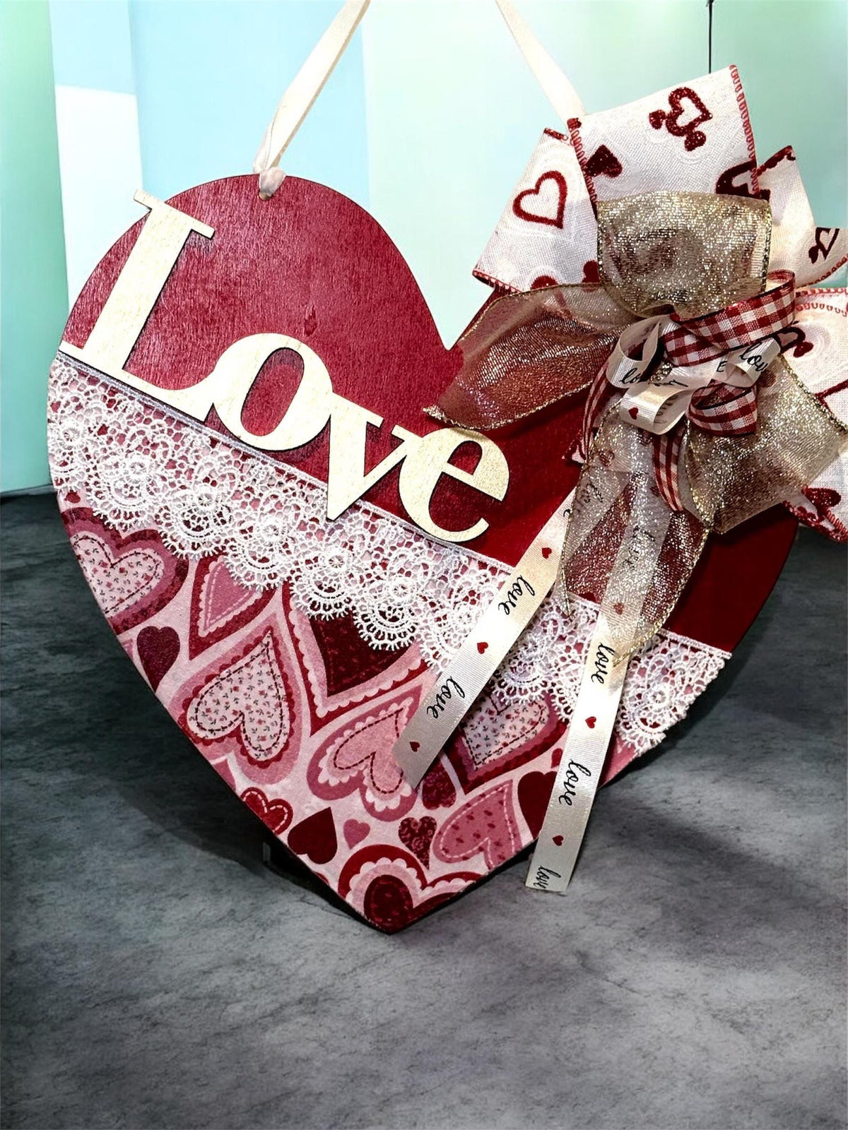 Valentine Heart Door Hanger , Love Wood HeartbSign, Sheer Gold Accent  Bow Valentine Decor