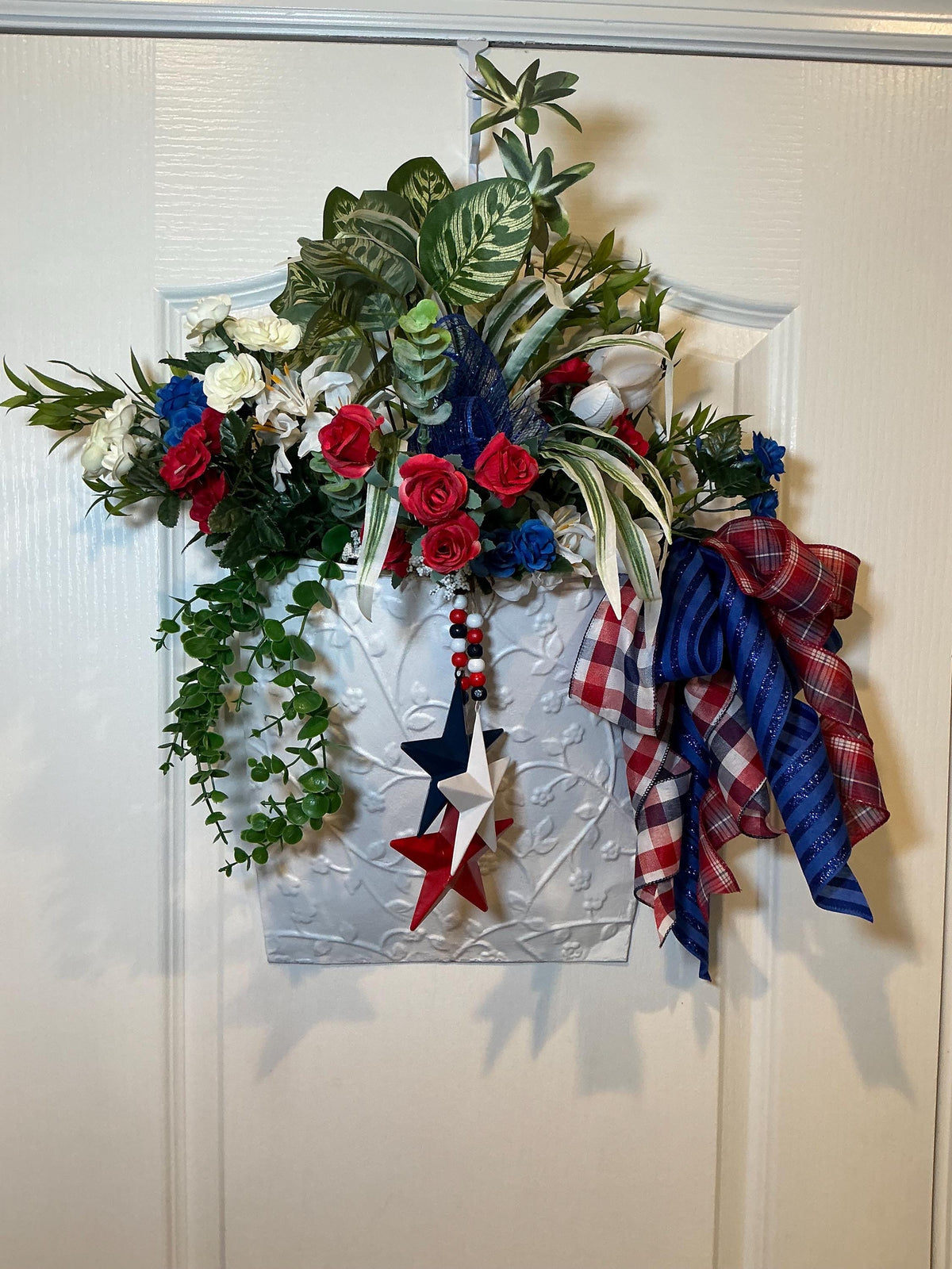 Wall Pocket Basket, Fourth of July Metal Planter, Red White Blue Floral Patriotic Front Door Decor