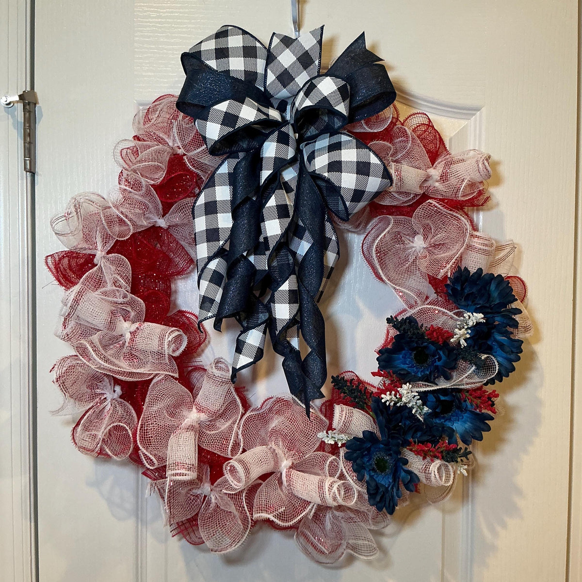 Buffalo Check Bow Wreath, Navy Daisy Red White Blue Deco Mesh, Fourth of July Americana Decor