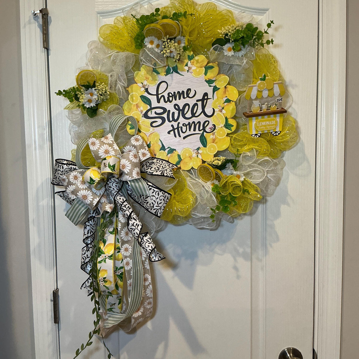 Lemon Deco Mesh Wreath, 18 Inch Home Sweet Home Sign with Daisy Bow