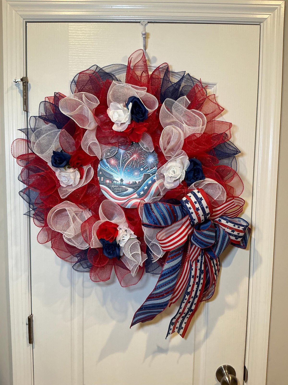 Fireworks Night Sky Sign Wreath, Americana Red White Blue Stars Stripes, 18 Inch Independence Day