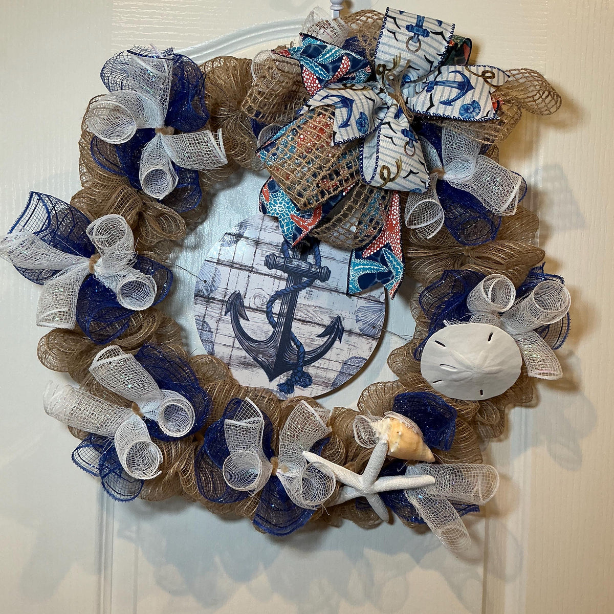 Coastal Anchor Wreath with Starfish and Sand Dollar, Navy Blue Nautical Door Decor