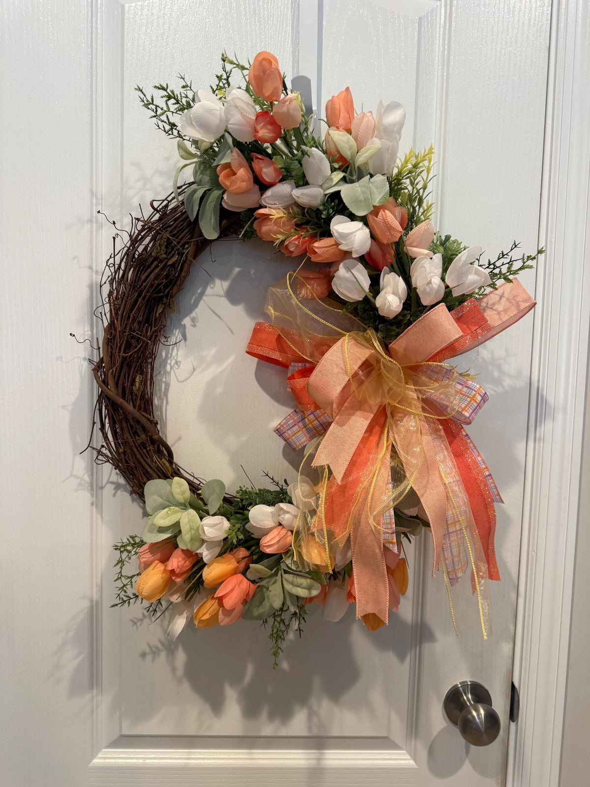 Grapevine Tulip Wreath, Peach Coral Spring Decor, Farmhouse Front Door Accent, Gold Ribbon Bow