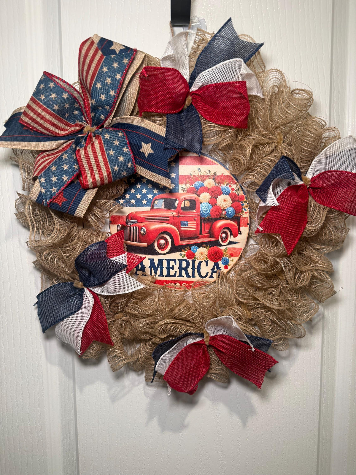 Burlap Red Truck Wreath, Americana Farmhouse Decor, Fourth of July Floral Accent