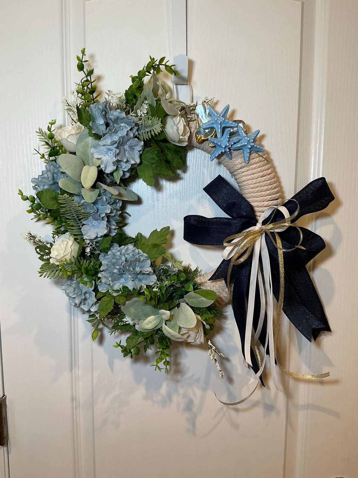 Oyster Shell Coastal Rope Wreath with Blue Hydrangea and Starfish, Nautical Door Decor
