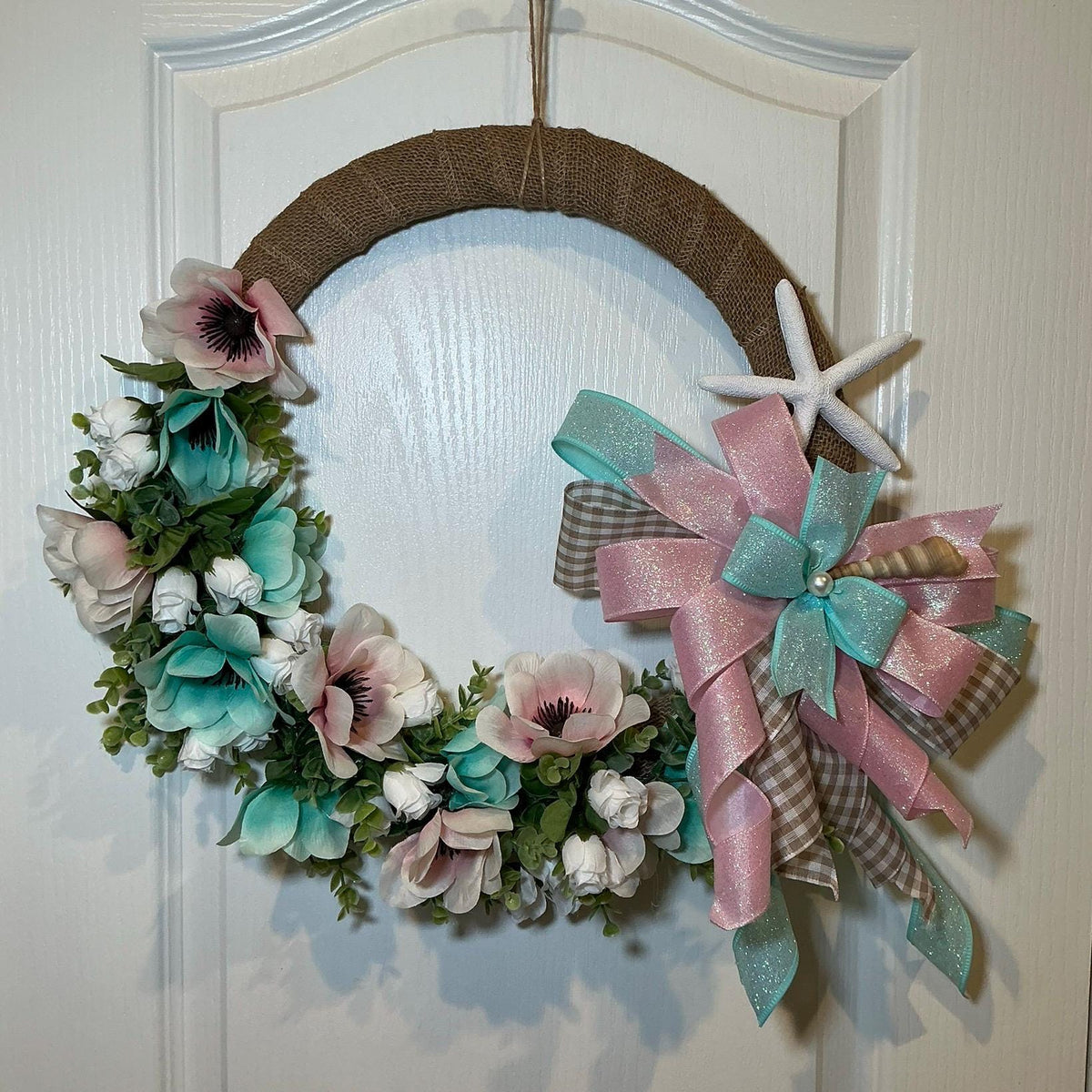 Blush Pink Aqua Coastal Wreath, Burlap Beach House Starfish, Spring Summer Front Door Wreath