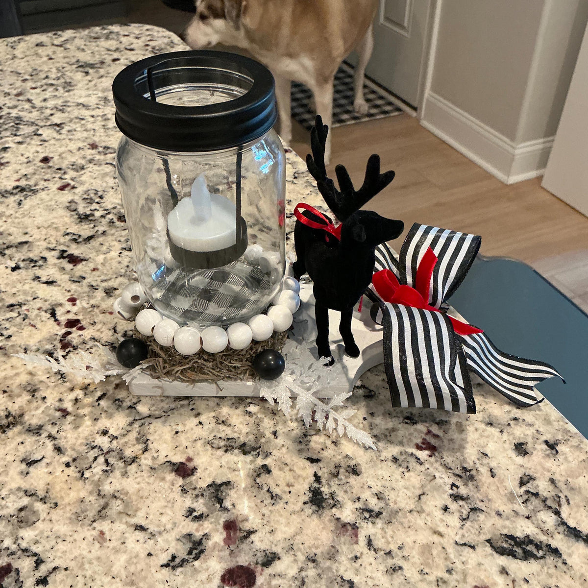 Farmhouse Christmas Lantern Centerpiece, Black Reindeer, Buffalo Ribbon, Wood Base