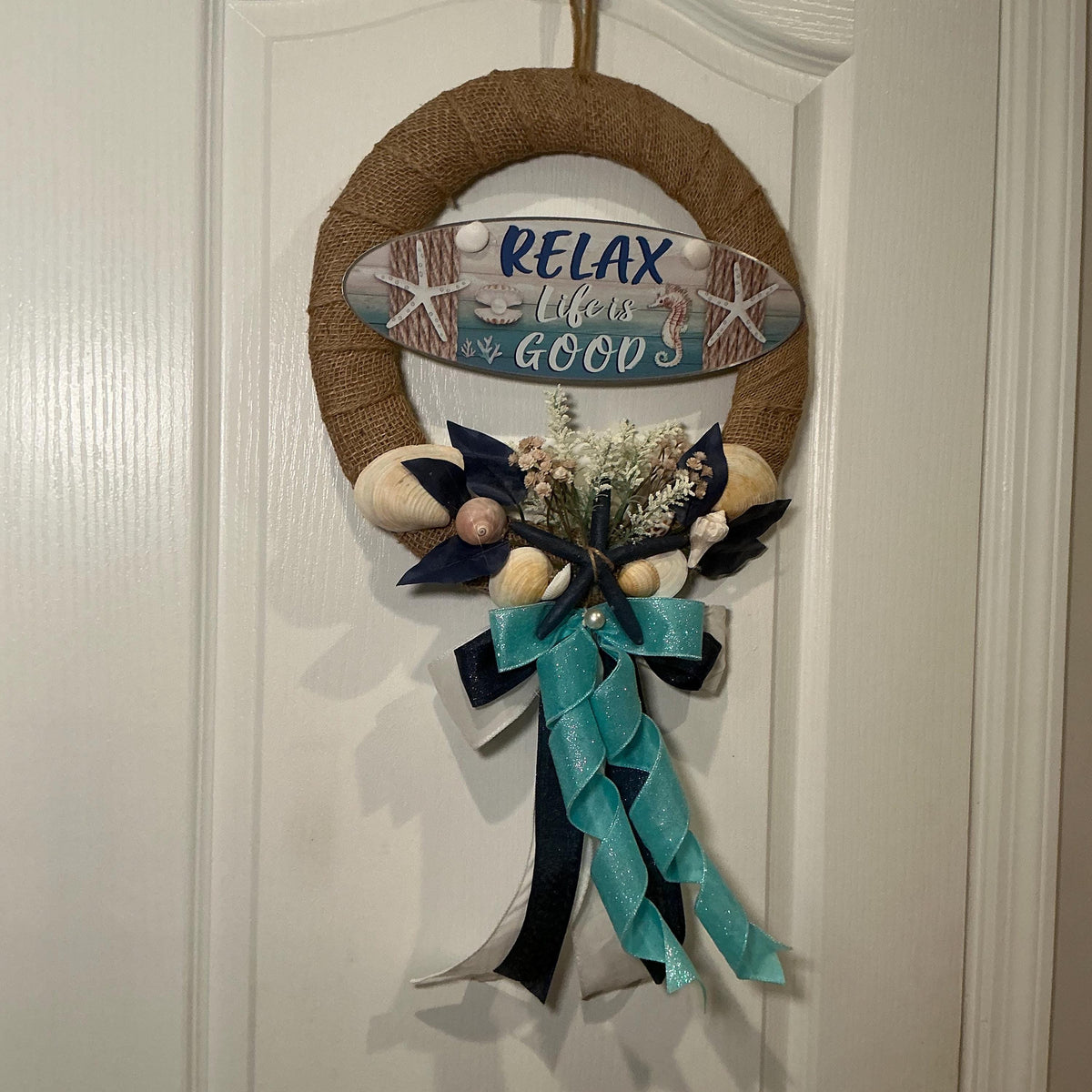 Coastal Starfish Wreath with Relax Life Is Good Sign, Nautical Lake House Door Decor