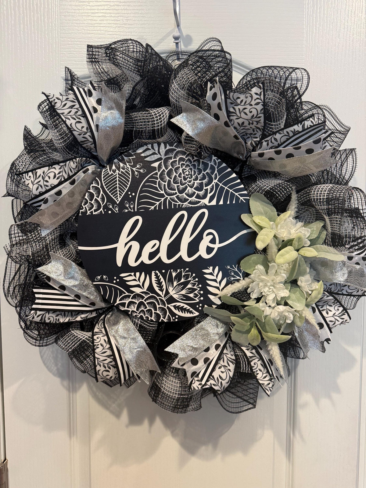 Black and White Hello Wreath with Silver Accents, Farmhouse Front Door Decor