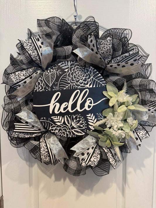 Black and White Hello Wreath with Silver Accents, Farmhouse Front Door Decor