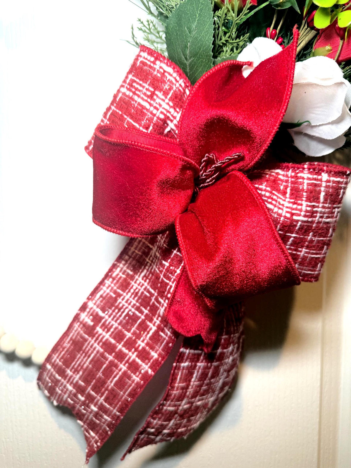 Valentine Heart Wreath with Red Velvet Bow and Silk Roses, Farmhouse Front Door Decor