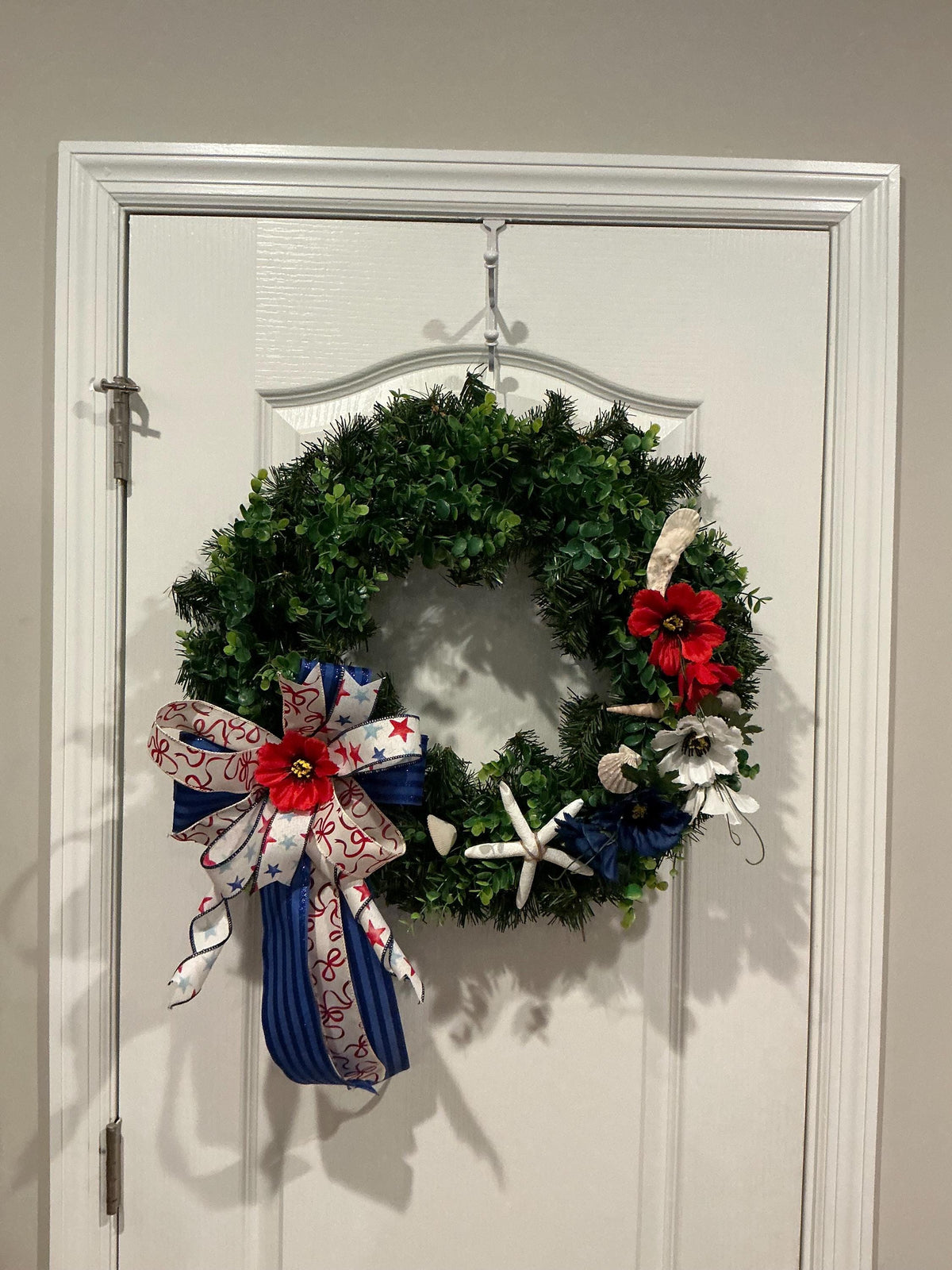 Coastal Americana Wreath, Starfish Boxwood Patriotic Door Decor, Fourth of July Beach Accent