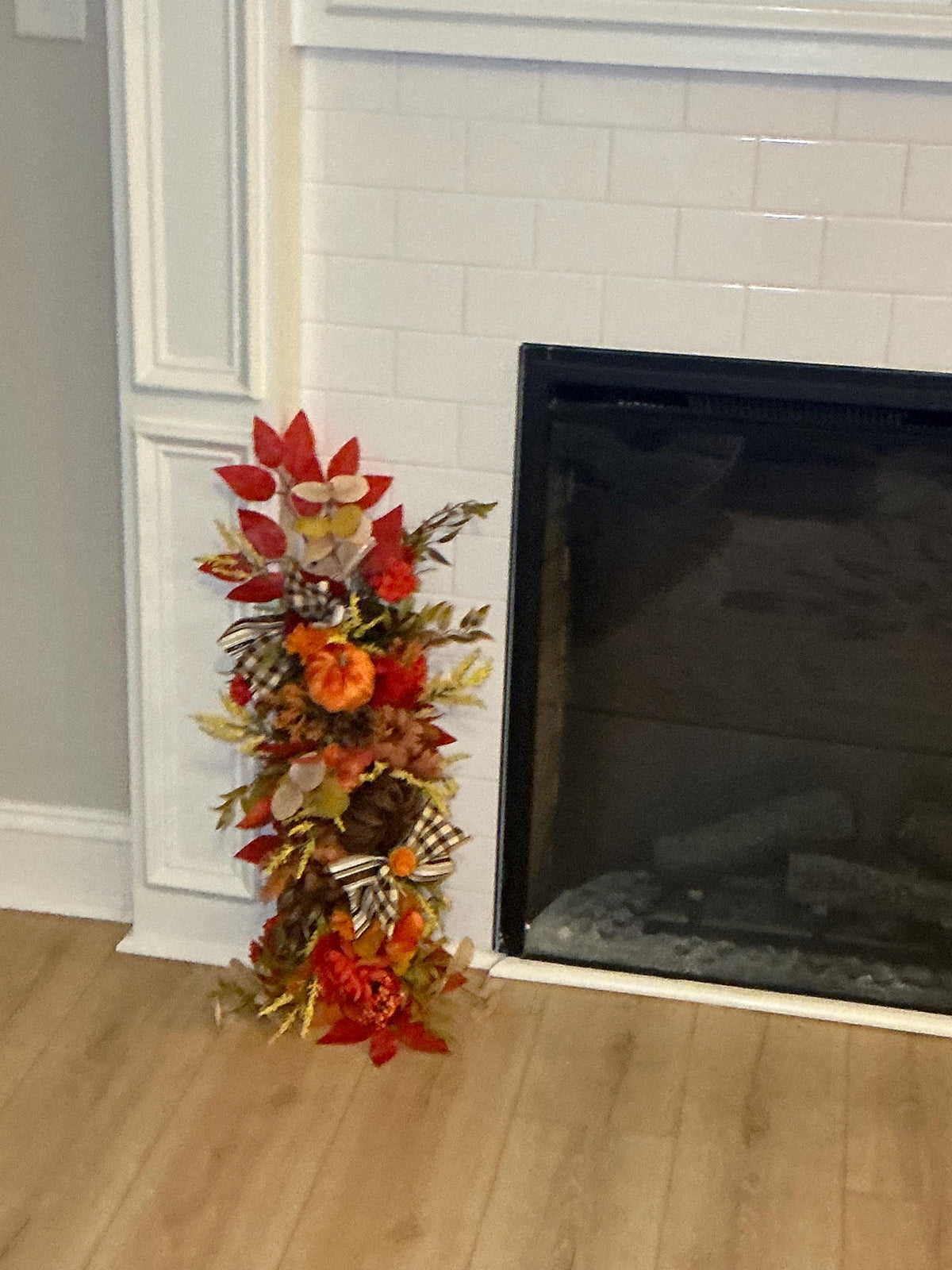 Pumpkin Fall Floral Swag, 28 Inch Buffalo Check Bow Door or Mantel Decor
