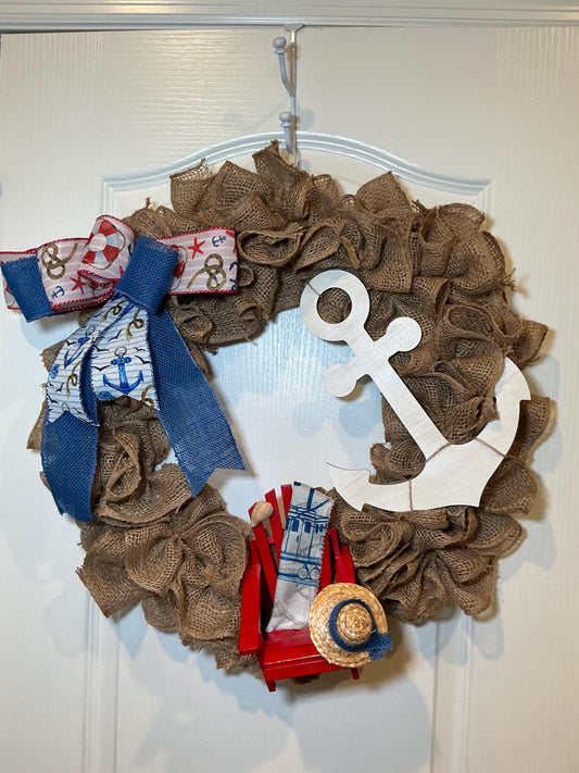 Coastal Burlap Wreath, Nautical Anchor, Adirondack Chair, Beach House Decor
