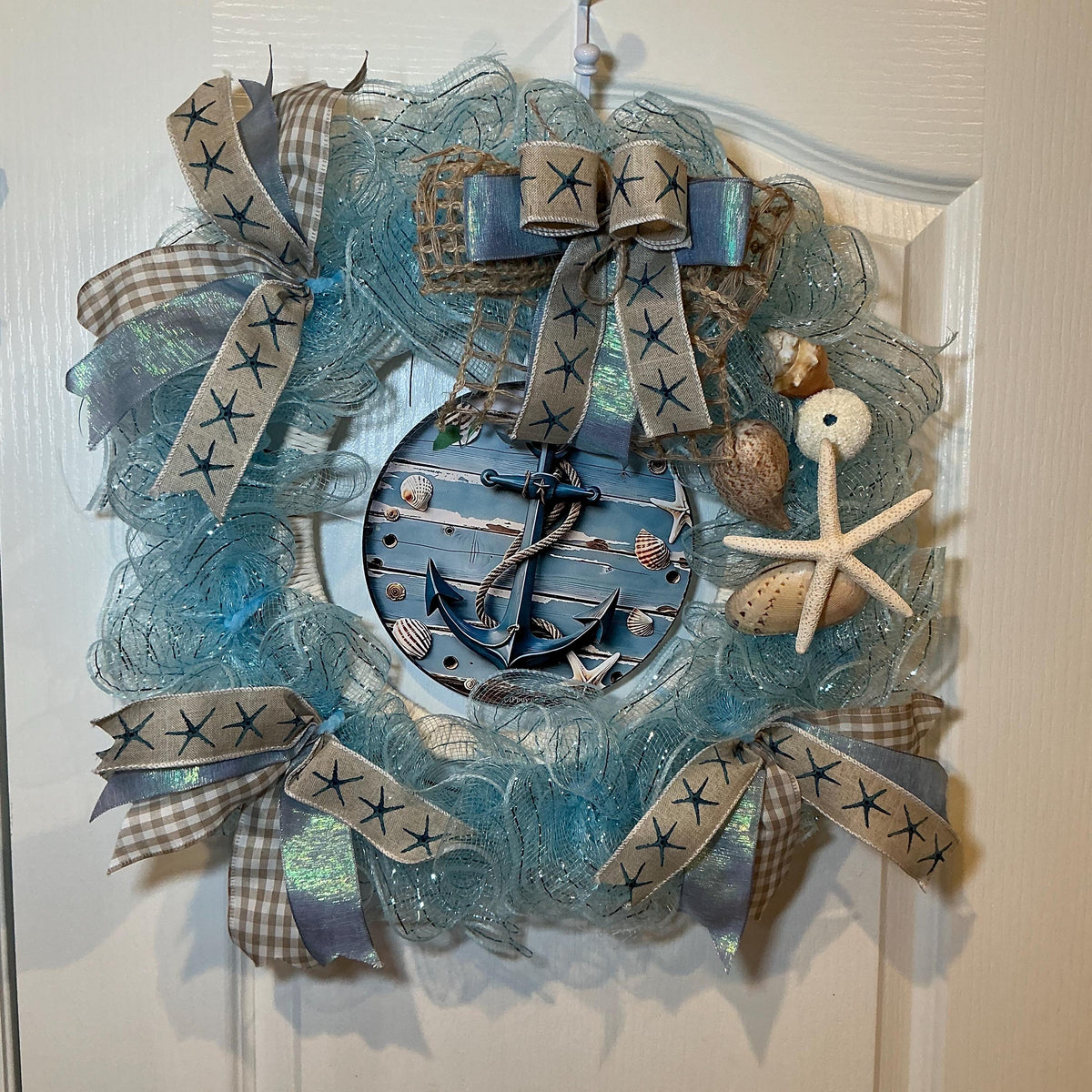 Ocean Blue Coastal Seashell Wreath with Starfish and Rope, Summer Front Door Decor