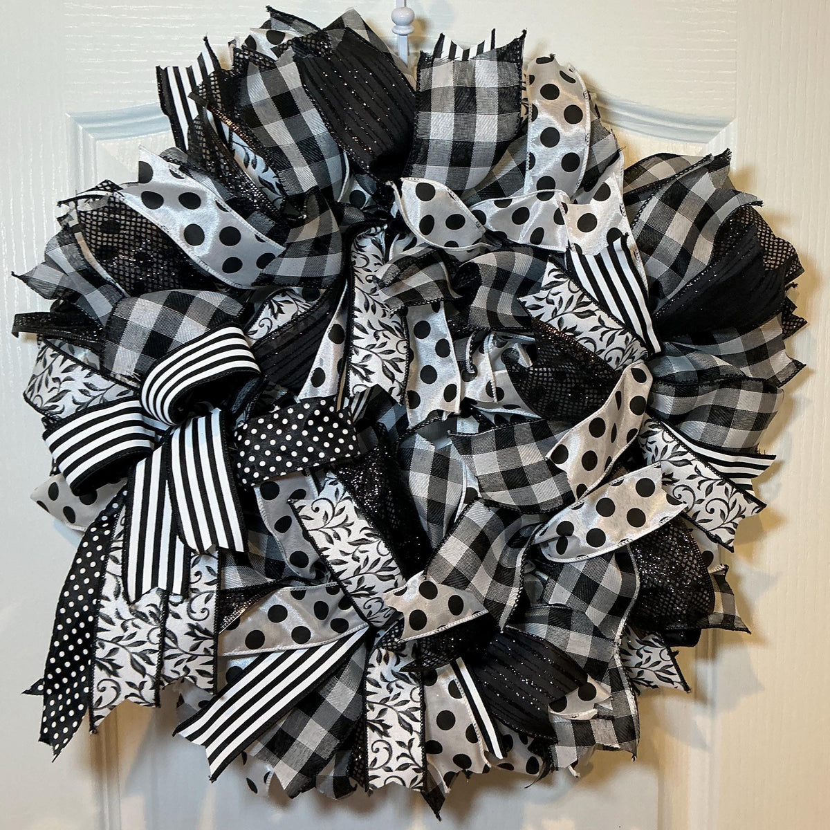 Polka Dot Ribbon Wreath, Black White Buffalo Check Farmhouse Decor, Year Round Front Door Wreath, Modern Handmade Gift