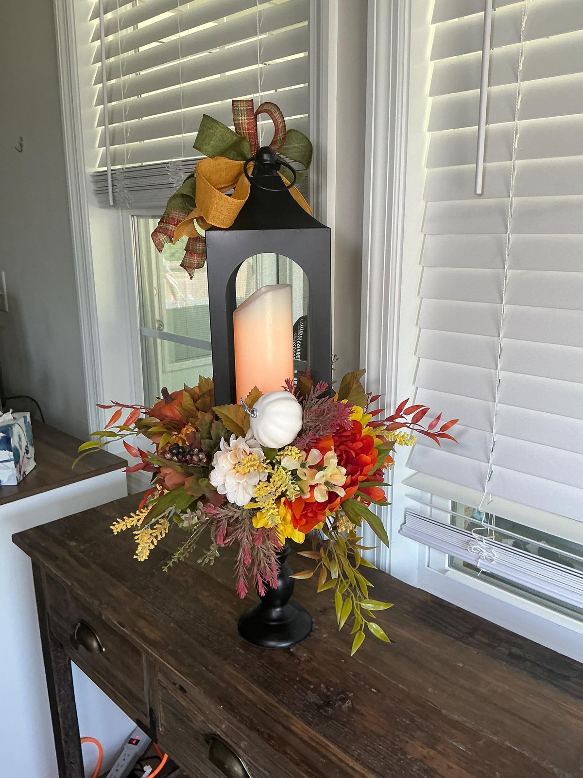 Fall Lantern Centerpiece, Autumn Table Decor, Pumpkin Floral Arrangement, Farmhouse Fall Decor, Thanksgiving Centerpiece, Handmade Fall Home