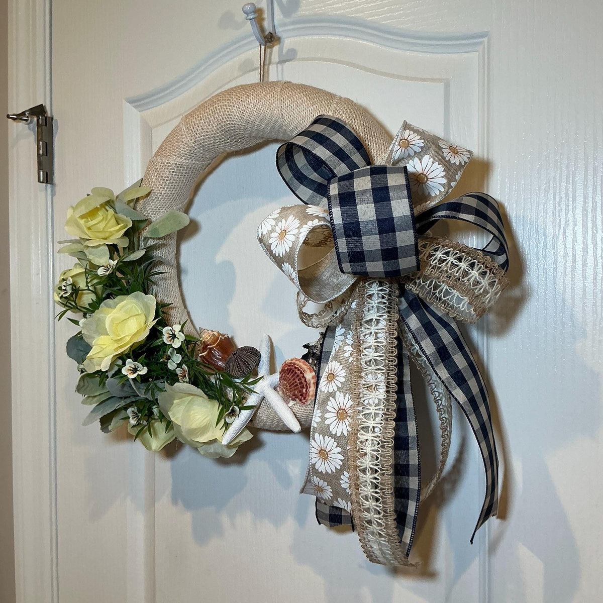 Yellow Rose Burlap Coastal Wreath, Seashell Starfish Beach Decor, Nautical Front Door Wreath, Lake House Housewarming Gift, Handmade Summer
