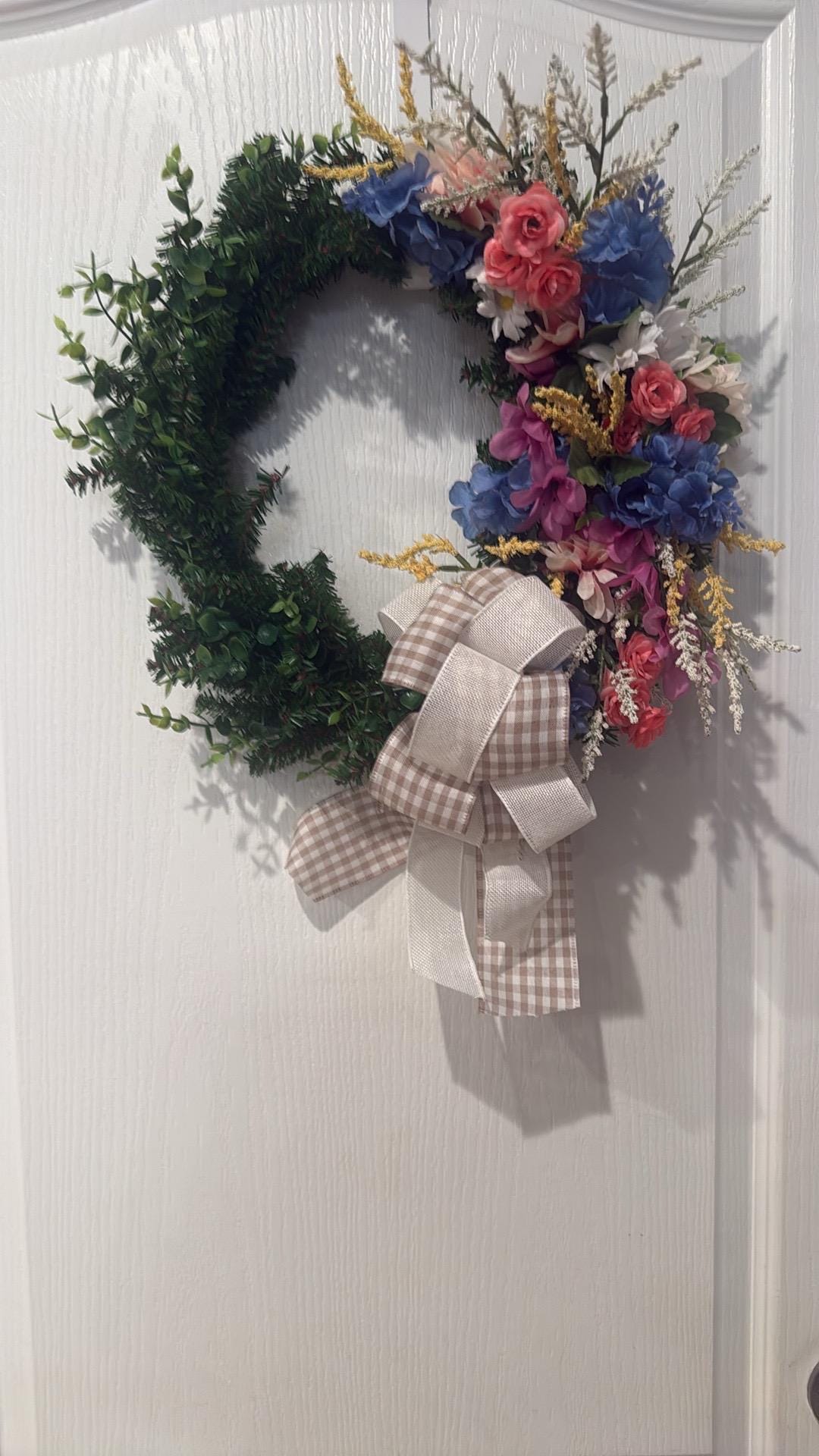 Coral Rose Farmhouse Wreath, Asymmetrical Spring Door Decor, Floral Hanger
