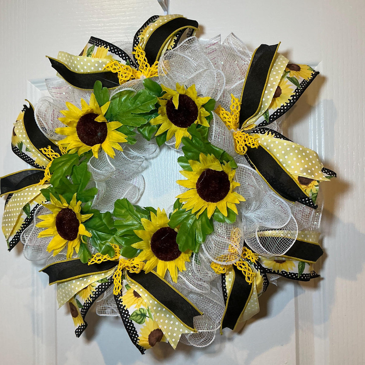 Sunflower Wreath, 12 Inch Black Yellow Polka Dot Bow on White Mesh