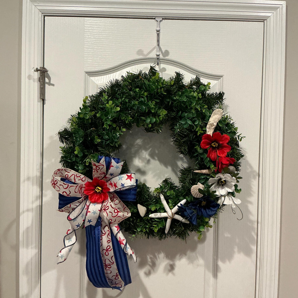 Coastal Americana Wreath, Starfish Boxwood Patriotic Door Decor, Fourth of July Beach Accent