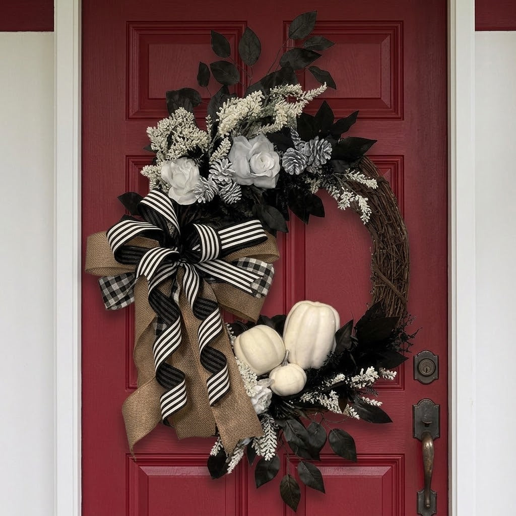 Black and White Pumpkin Grapevine Wreath
