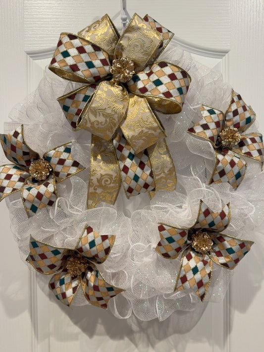 Handmade white and gold Christmas wreath with designer double-sided harlequin ribbon and gold pinecone accents
