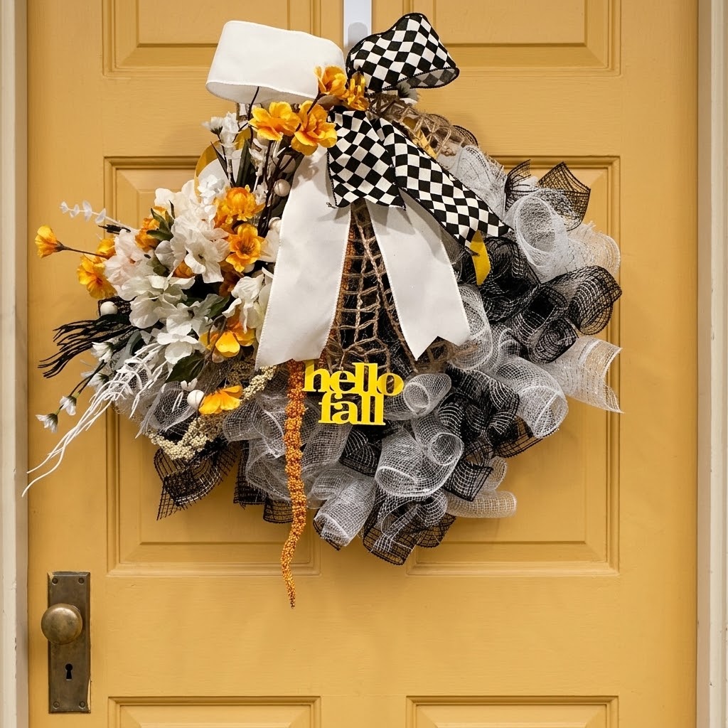 Black and White Checkered Fall Wreath, 14 Inch Hello Fall Deco Mesh Door Decor