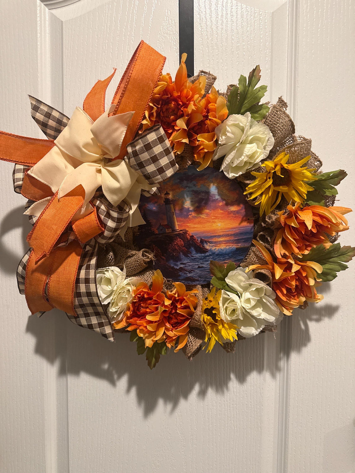 Lighthouse Sunset Coastal Wreath, 14 Inch Burlap Fall Door Decor