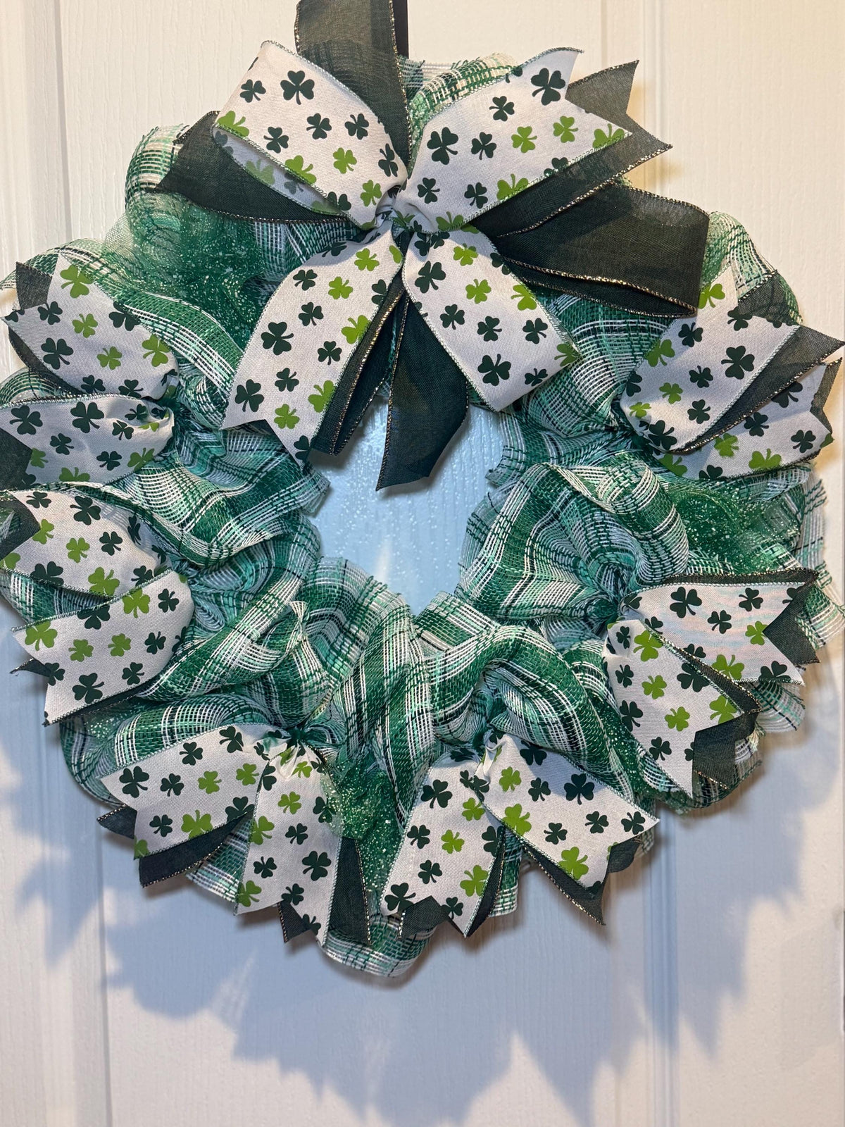 This Oldie but Goodie 16 inch Wreath / Plaid mesh with Shamrock Ribbon bow and Irish door decor