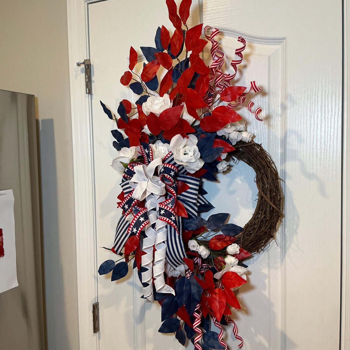Patriotic Grapevine Wreath, Red White Blue Front Door Wreath, Americana Star Ribbon Bow, USA Summer Porch Decor.