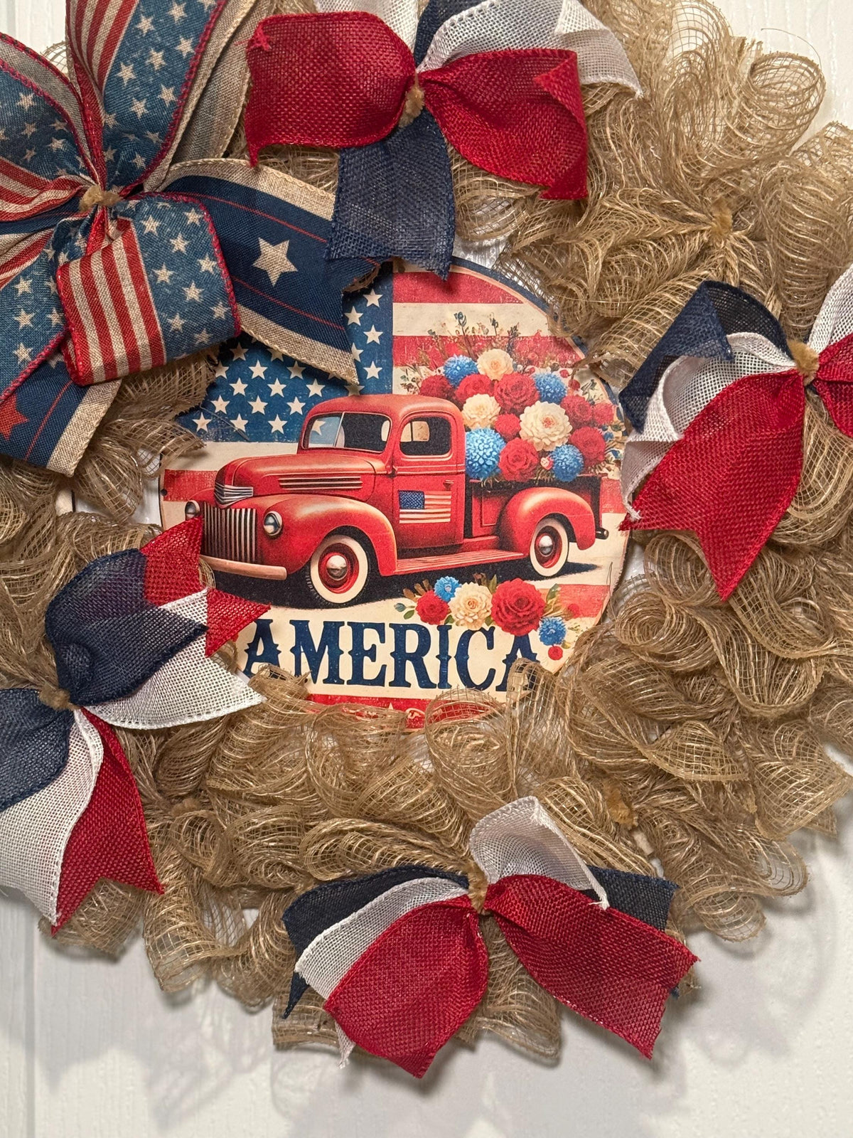 Burlap Red Truck Wreath, Americana Farmhouse Decor, Fourth of July Floral Accent