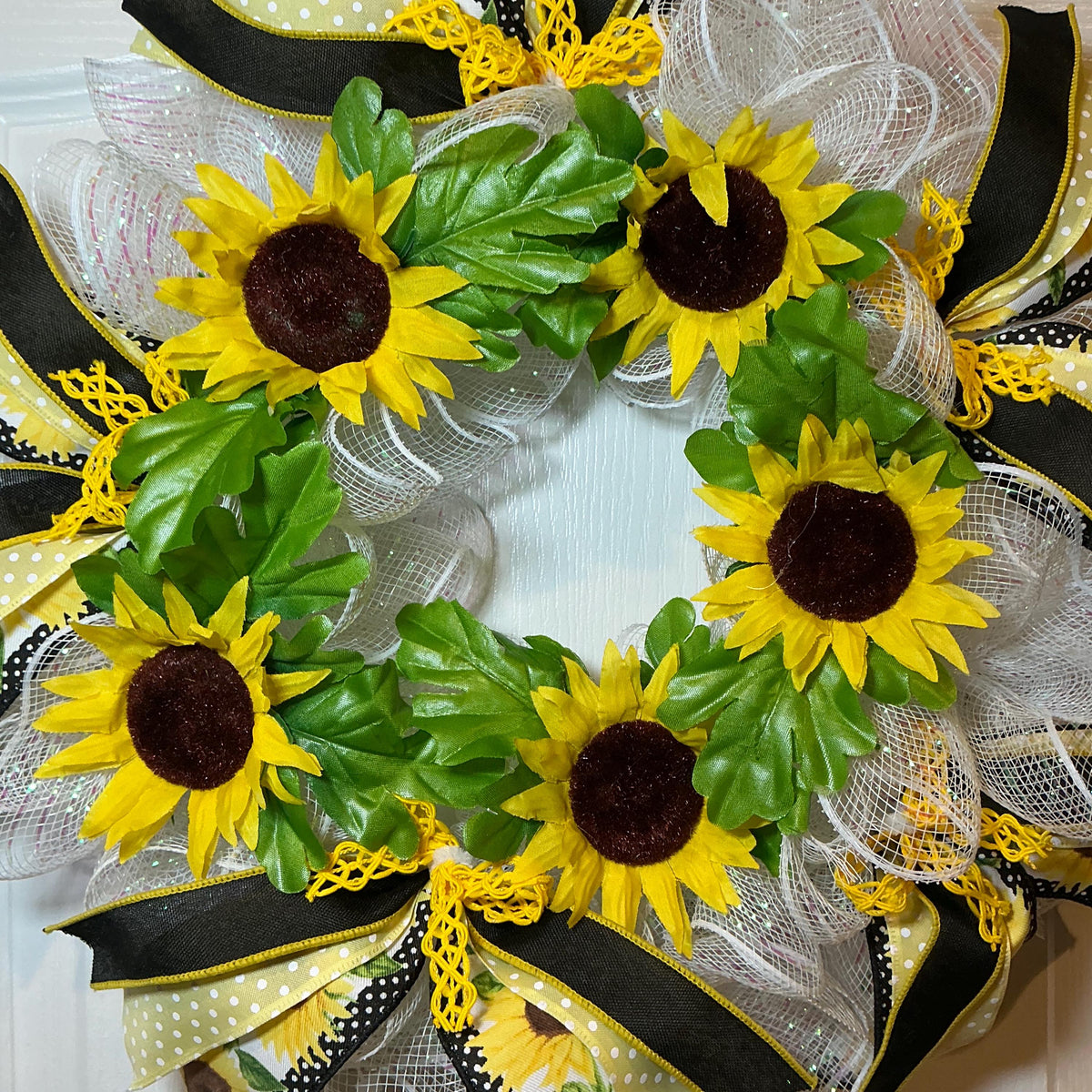 Sunflower Wreath, 12 Inch Black Yellow Polka Dot Bow on White Mesh