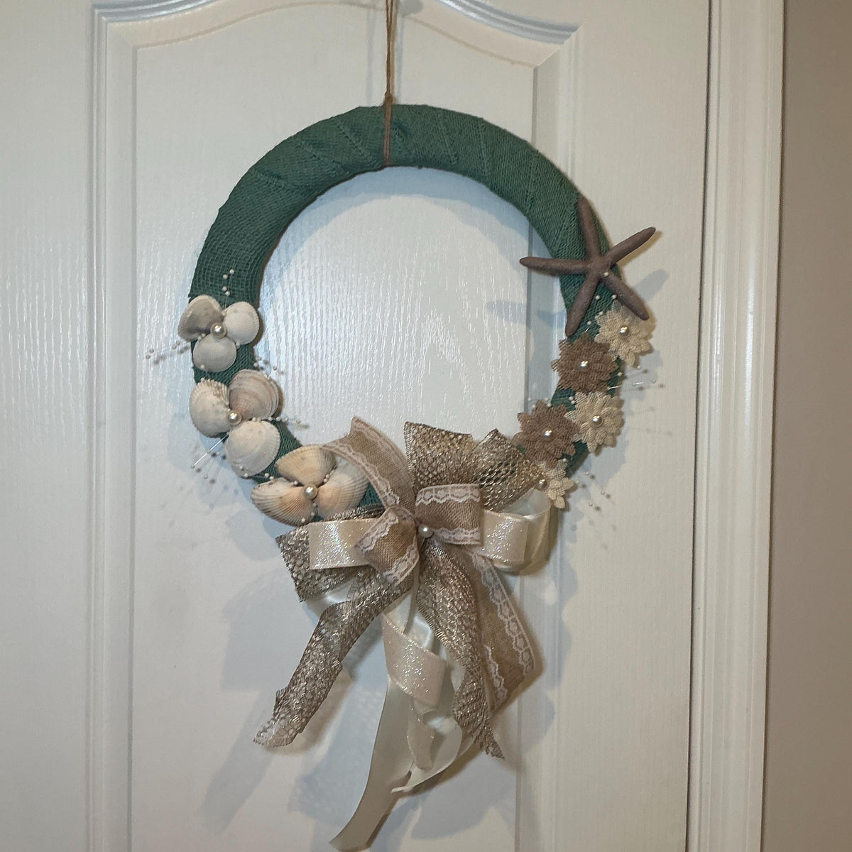Coastal Wedding Wreath with Seashells, Starfish and Pearl Bow, Beach Bridal Decor