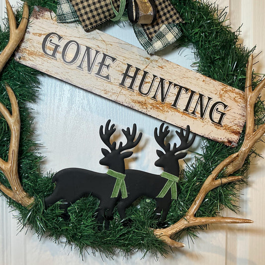 Gone Hunting Sign Wreath, Buck Silhouette Deer Man Cave Decor, Rustic Father’s Day Antler Gift