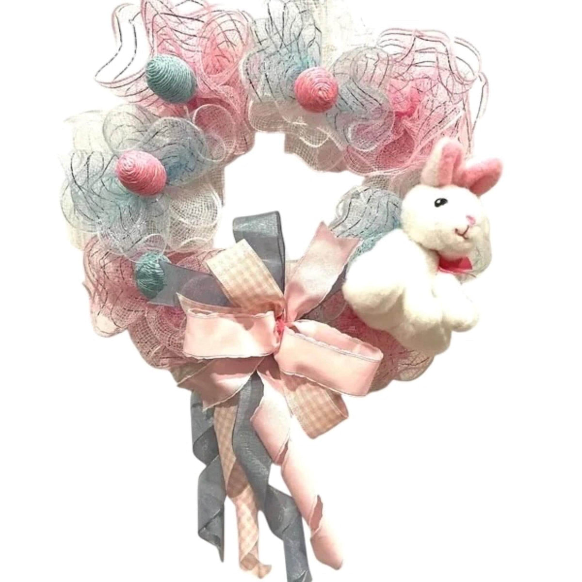 Easter Bunny Wreath: Pink Blue Spring Door Decor, 12 inch Pancake Wreath.