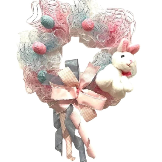 Easter Bunny Wreath: Pink Blue Spring Door Decor, 12 inch Pancake Wreath.
