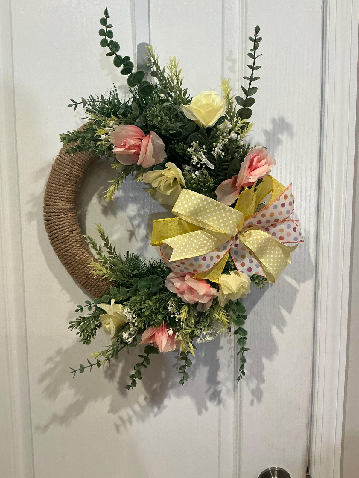 Handcrafted Jute Rope Wreath, Spring Peach Roses, Eucalyptus Greenery, Polka Dot Bow