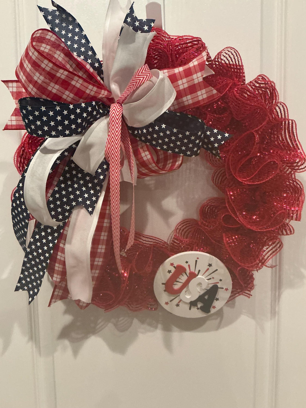 Front Door Wreath, Americana USA Sign, Fourth of July Red White Blue, Red Glitter Mesh, Memorial Day Independence Day Wreath