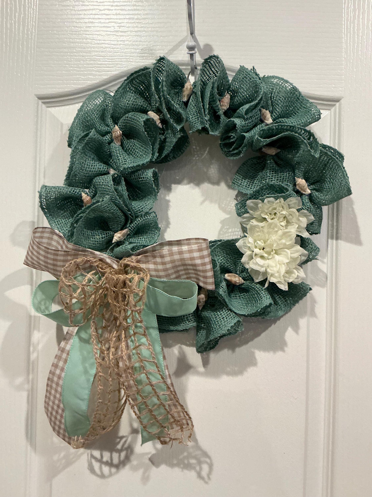 Teal Burlap Coastal Wreath with Dahlia, Seashells and Gingham Bow, Beach House Decor
