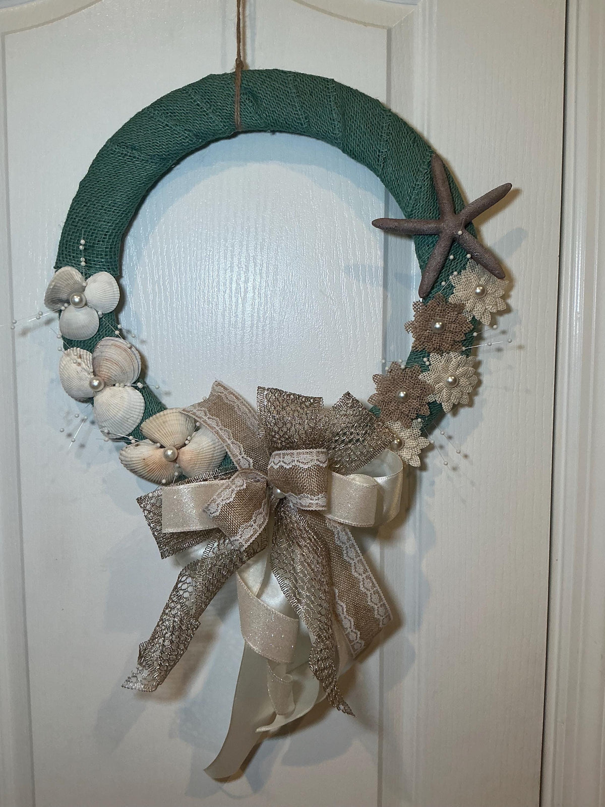 Coastal Wedding Wreath with Seashells, Starfish and Pearl Bow, Beach Bridal Decor