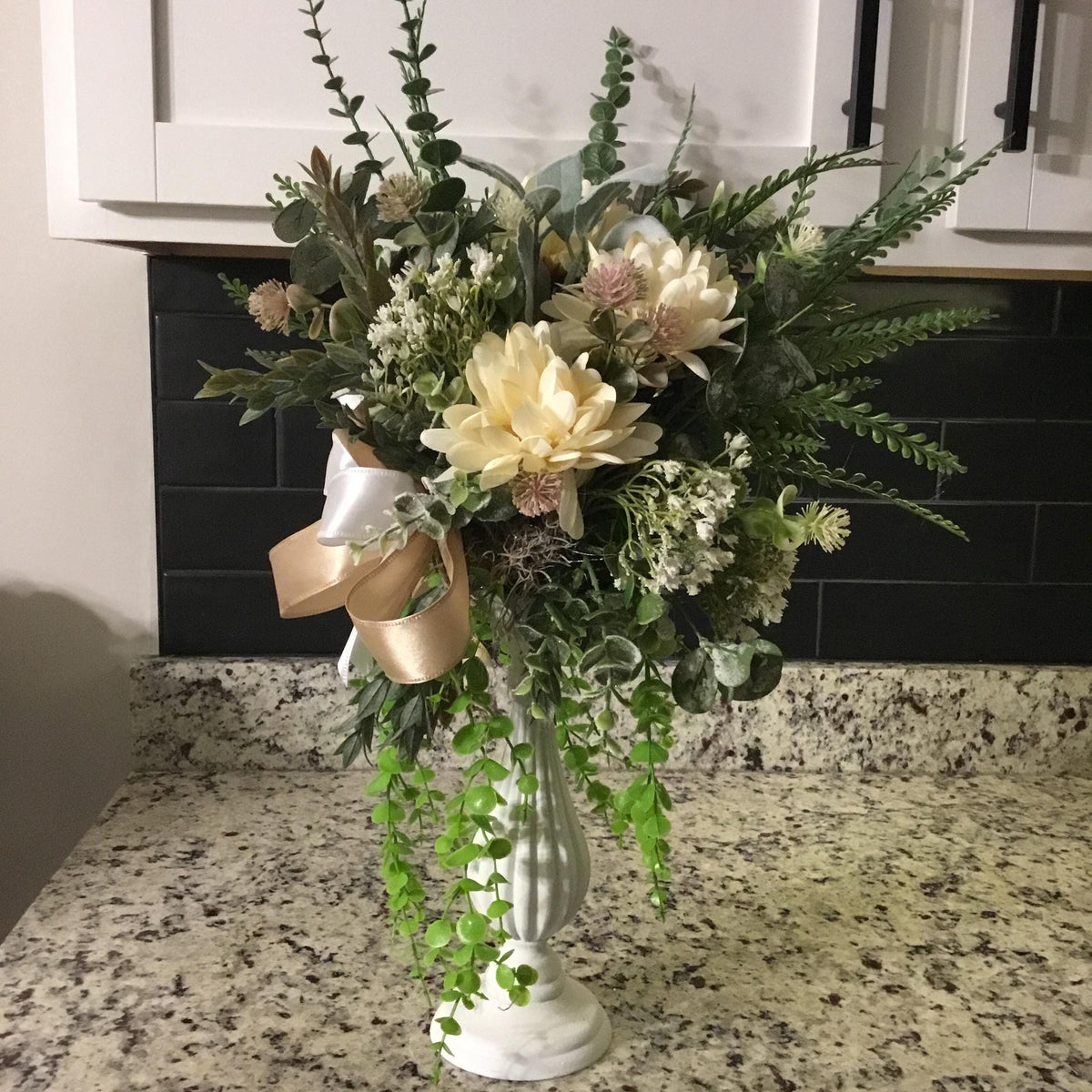 Handmade Ivory Floral Arrangement, Neutral Farmhouse Pedestal Centerpiece