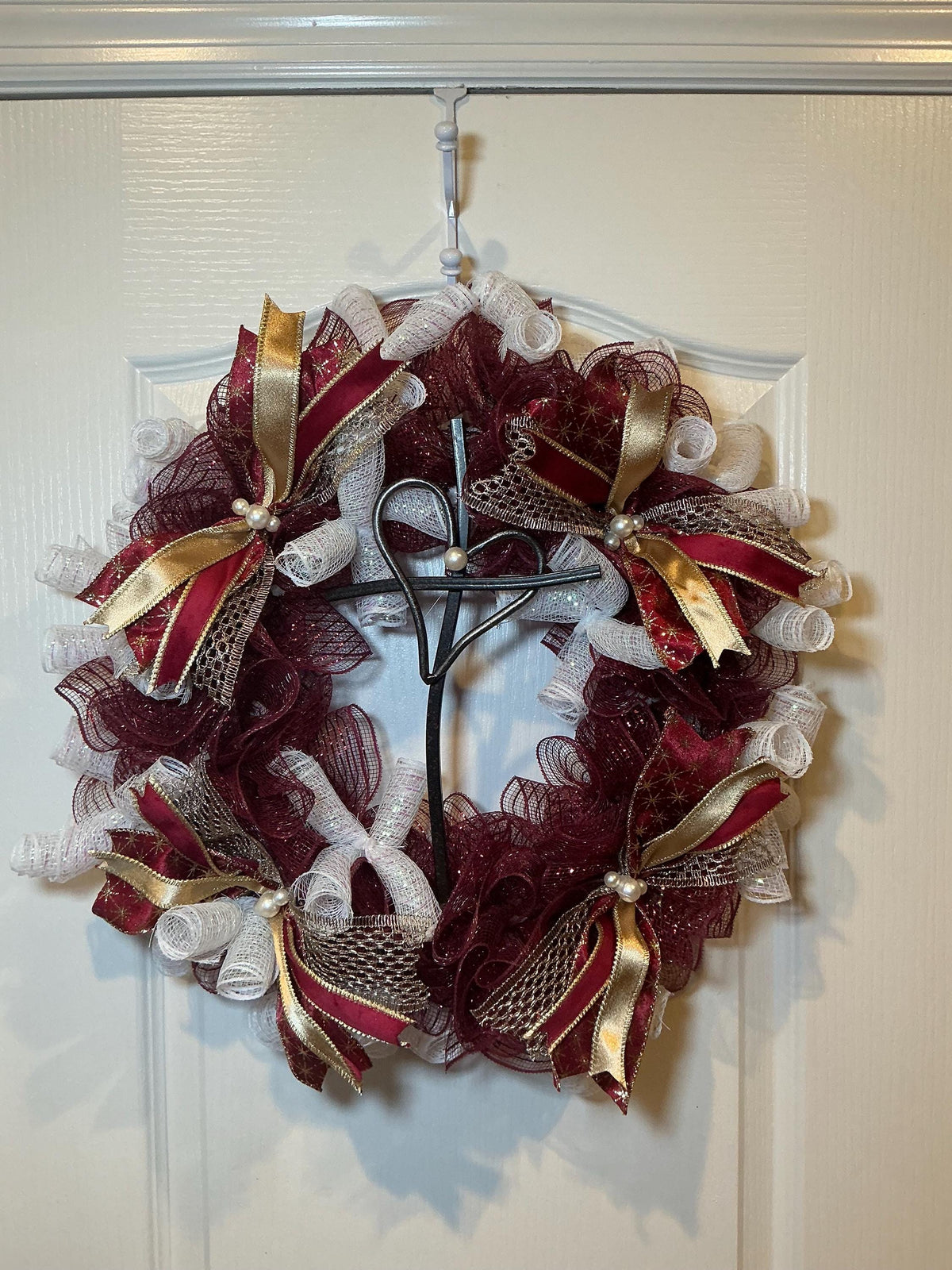 Burgundy Cross Wreath, Heart Cross Religious Accent, Christian Home Decor, Church Wall Hanging, Cranberry Gold Faith Wreath