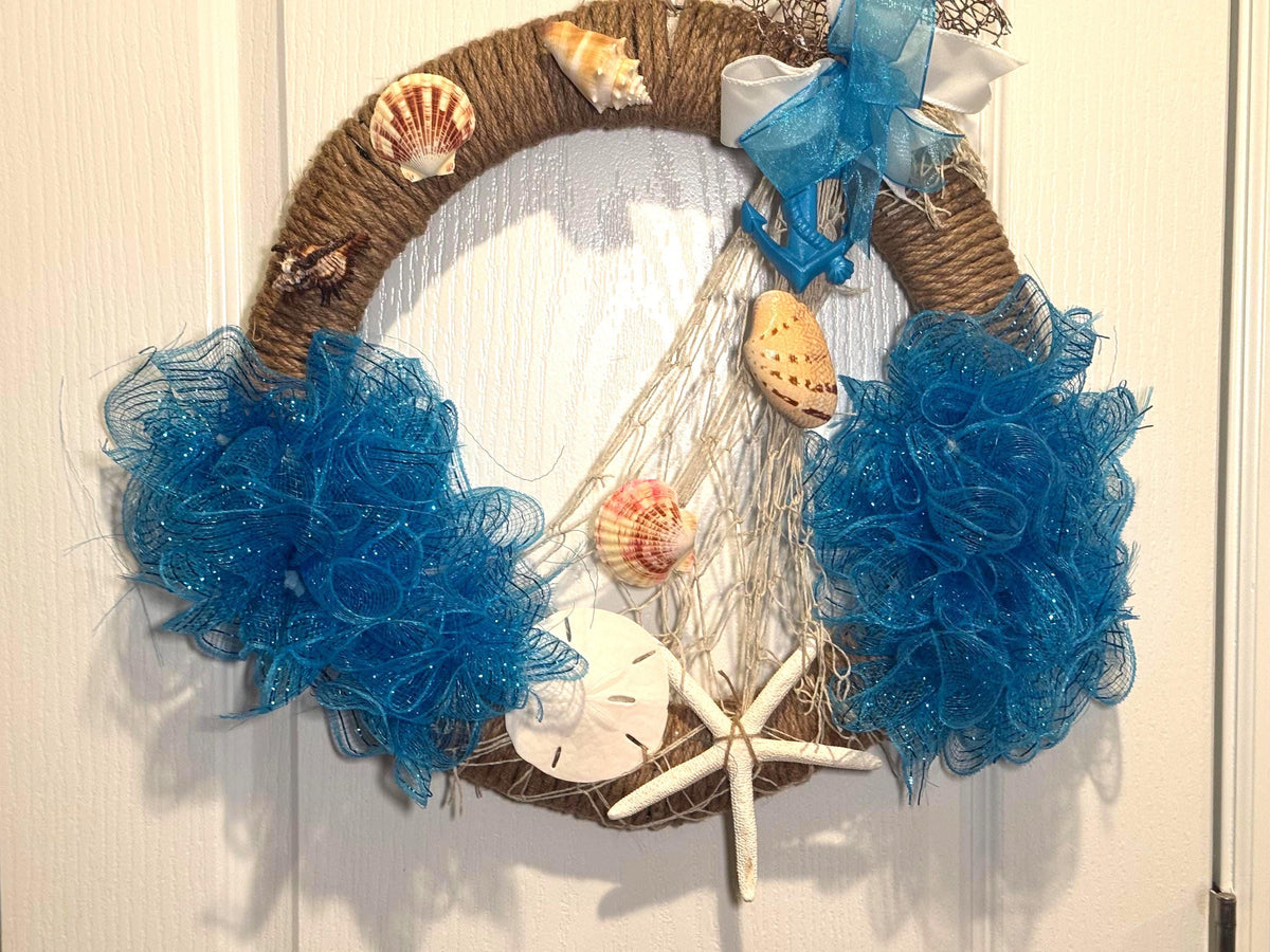 Handcrafted Coastal Wreath with Seashells, Starfish, Anchor – Nautical Beach Decor